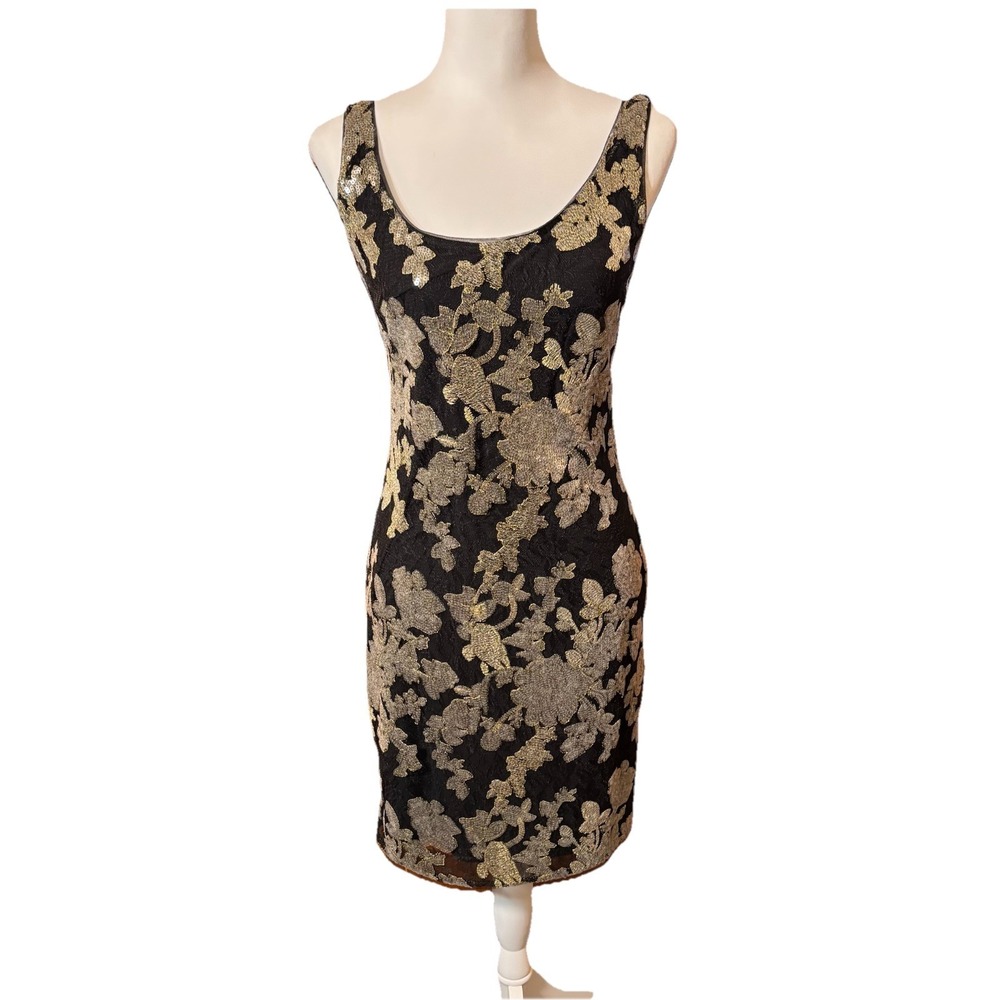 Lauren Ralph Lauren Black Floral Silver Gold Sequin Sleeveless Sheath Dress Sz 2